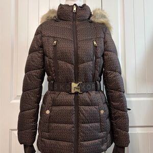 Michael Kors Dark Brown Puffer Jacket with removable fur zipper hood